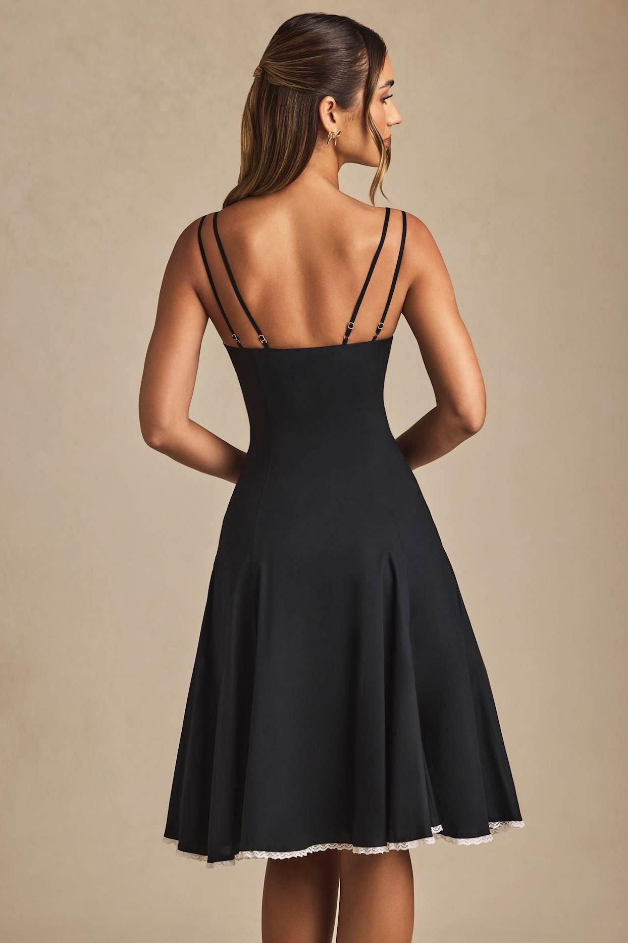 Bow-Detail Lace-Trim A-Line Midi Dress in Black Product Image