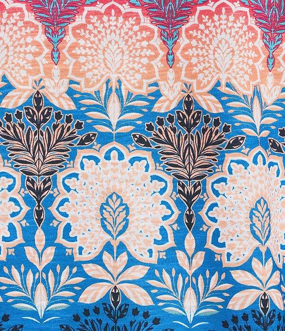 Allison Daley Petite Size Pomegranate Damask Floral Border Print Short Ruched Tie Sleeve Square Neck Knit Top Product Image