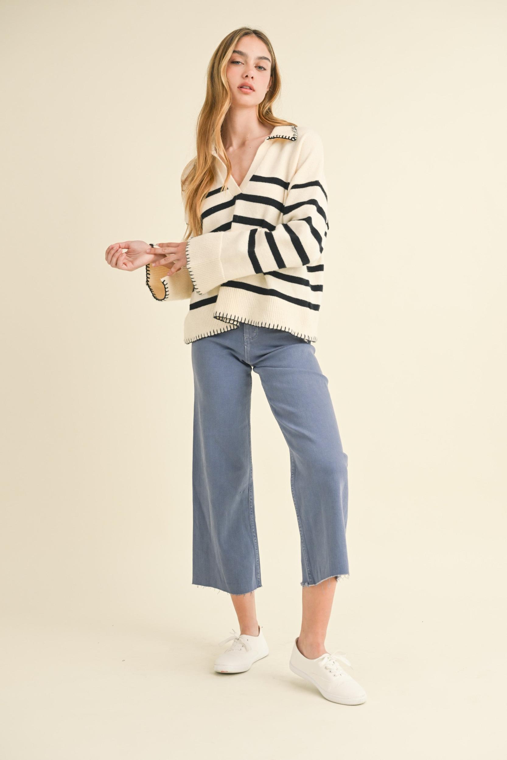 Detailed Collar Stripe Comfy Sweater Product Image