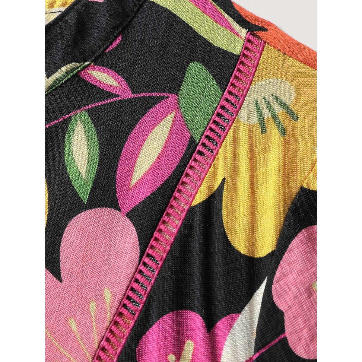 Plus Size Colorful Floral Print Beaded A-Line Midi Dress Black Women Leisure Flat collar with V-notch Elbow-length sleeve Curvy BloomChic 18-20/2X Product Image