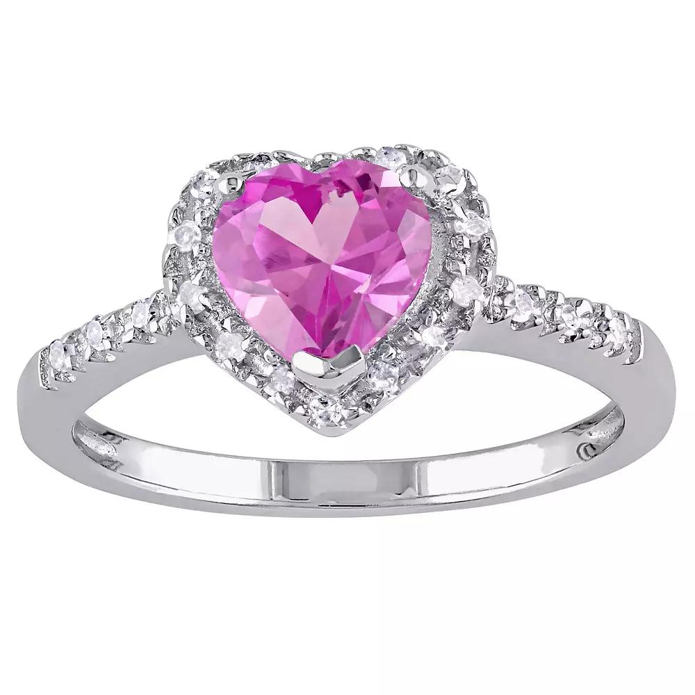 Stella Grace Sterling Silver Lab Created Pink Sapphire & 1/10 Carat T.W. Diamond Heart Halo Ring, Women's Product Image