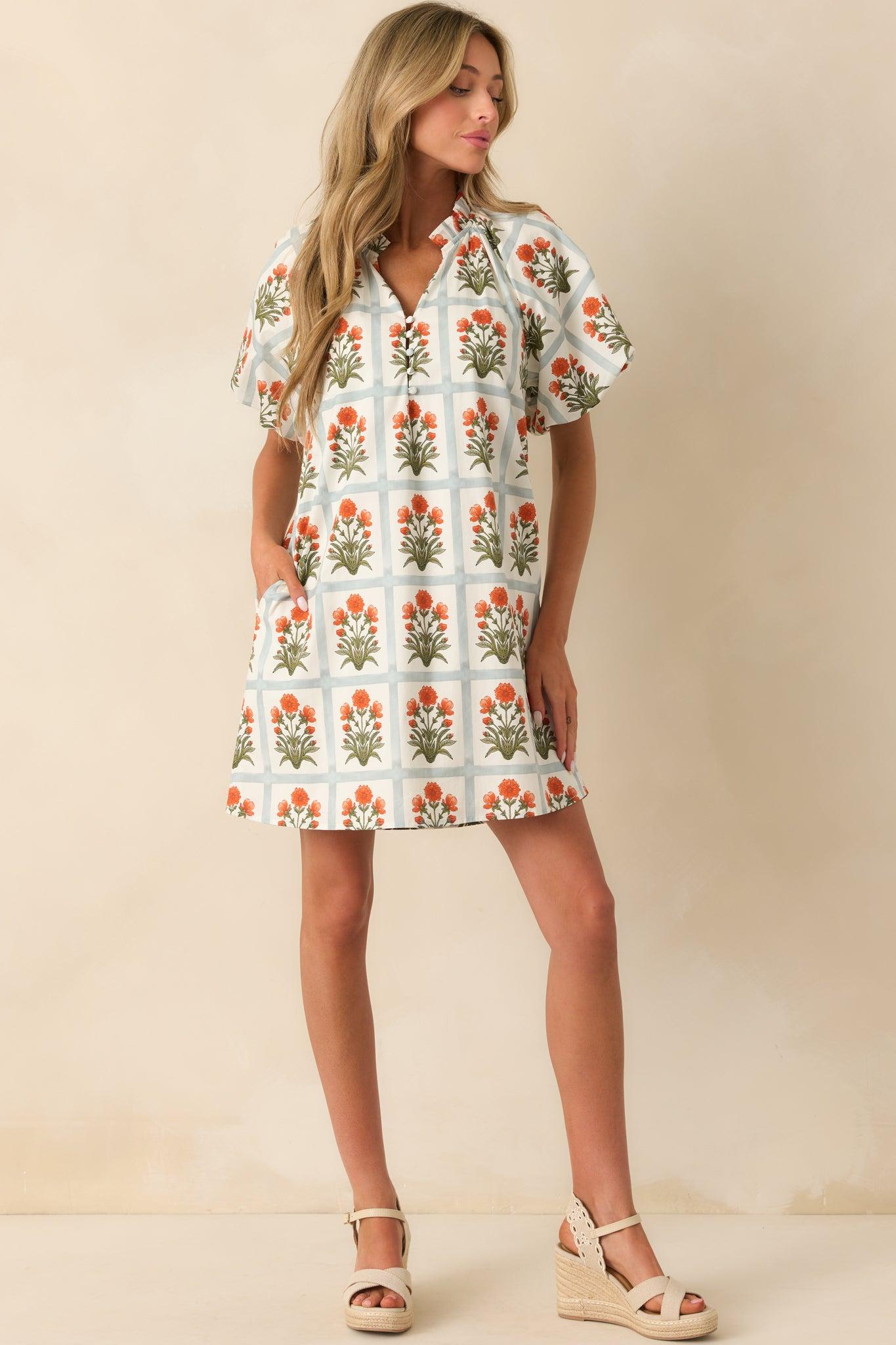 Staying Hopeful Orange Geometric Floral Print Cotton Mini Dress Product Image