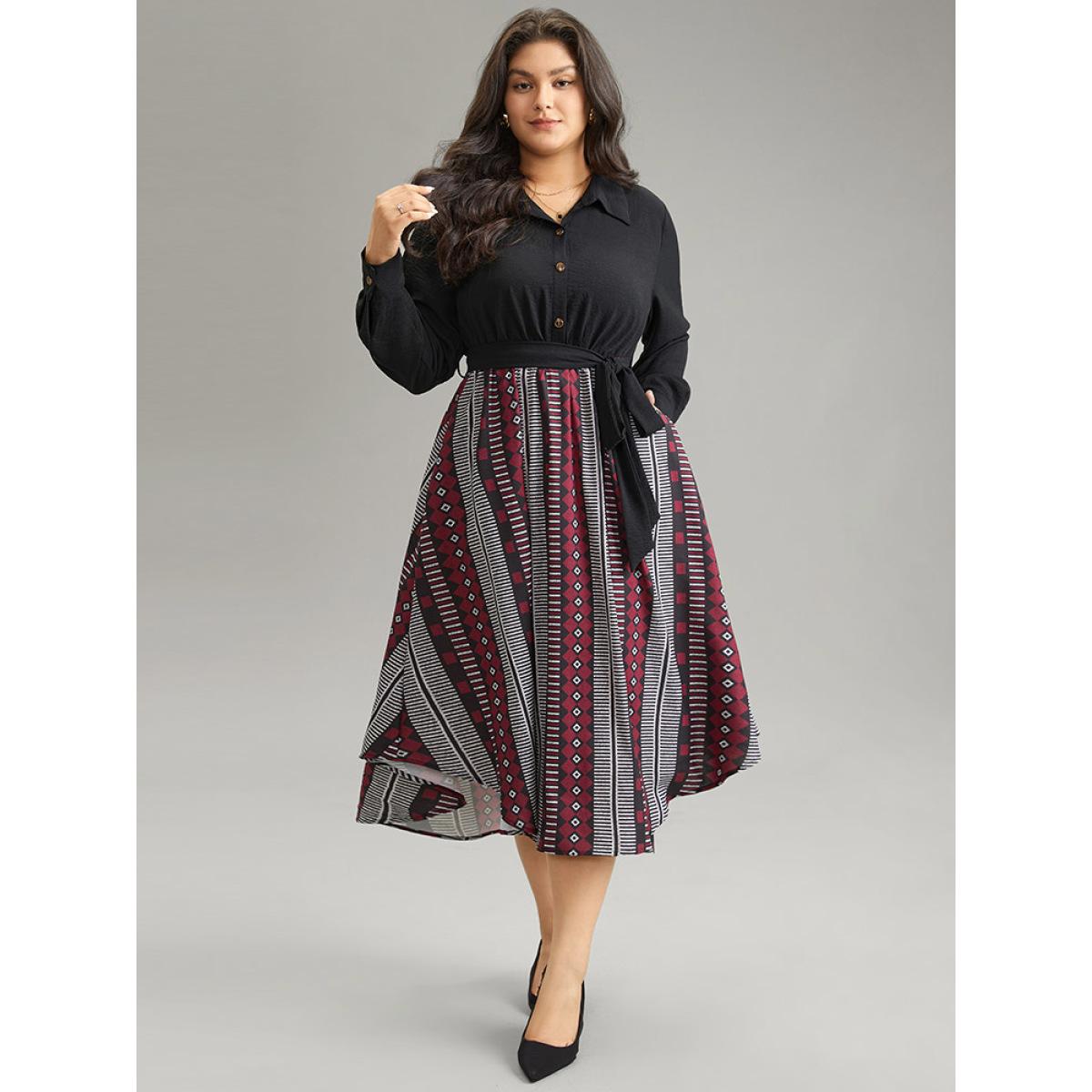 Plus Size Geometric Belted Button Up Curved Hem Dress Black Women Office Belted Shirt collar Long Sleeve Curvy Midi Dress BloomChic 28/5X Product Image