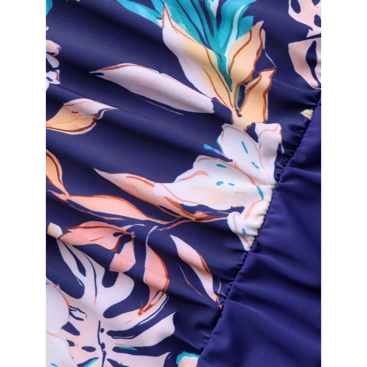 Plus Size Tropical Print Ruched One-Piece Swimsuit Women's Swimwear Indigo Beach Gathered Curve Bathing Suits High stretch One Pieces BloomChic 10/M Product Image