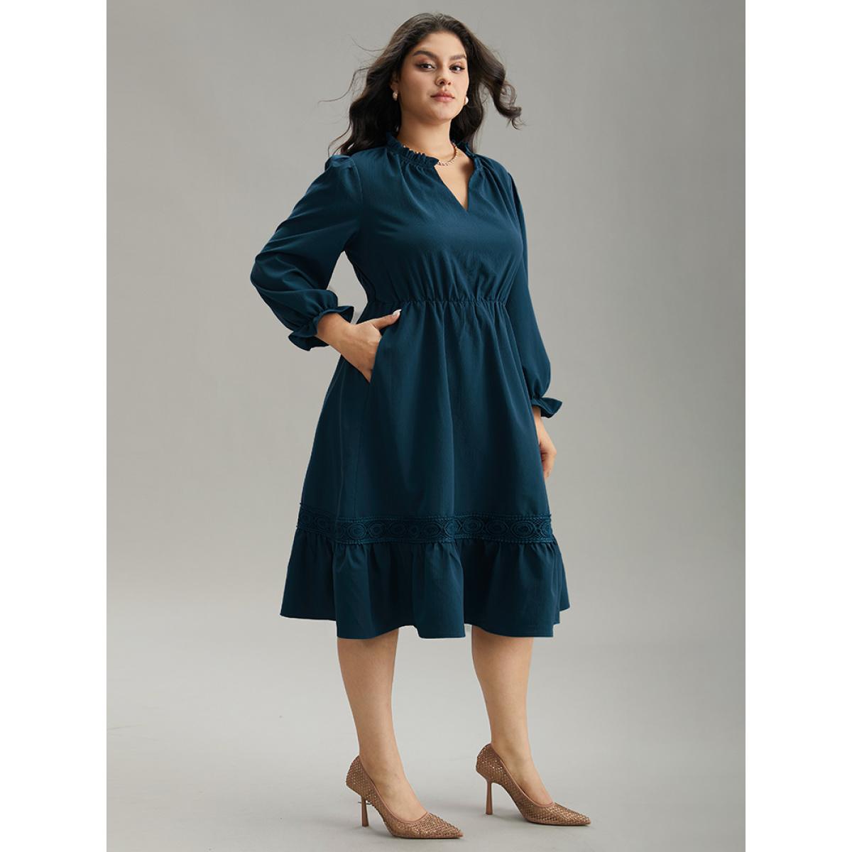 Plus Size Solid Frill Trim Guipure Lace Flutter Sleeve Dress Aegean Women At the Office Plain Notched collar Long Sleeve Curvy Midi Dress BloomChic 28/5X Product Image
