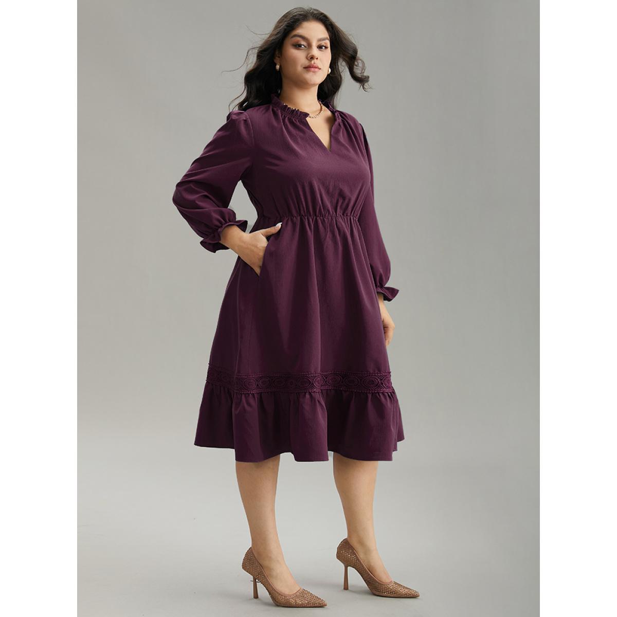 Plus Size Solid Frill Trim Guipure Lace Flutter Sleeve Dress Burgundy Women At the Office Plain Notched collar Long Sleeve Curvy Midi Dress BloomChic 30/6X Product Image