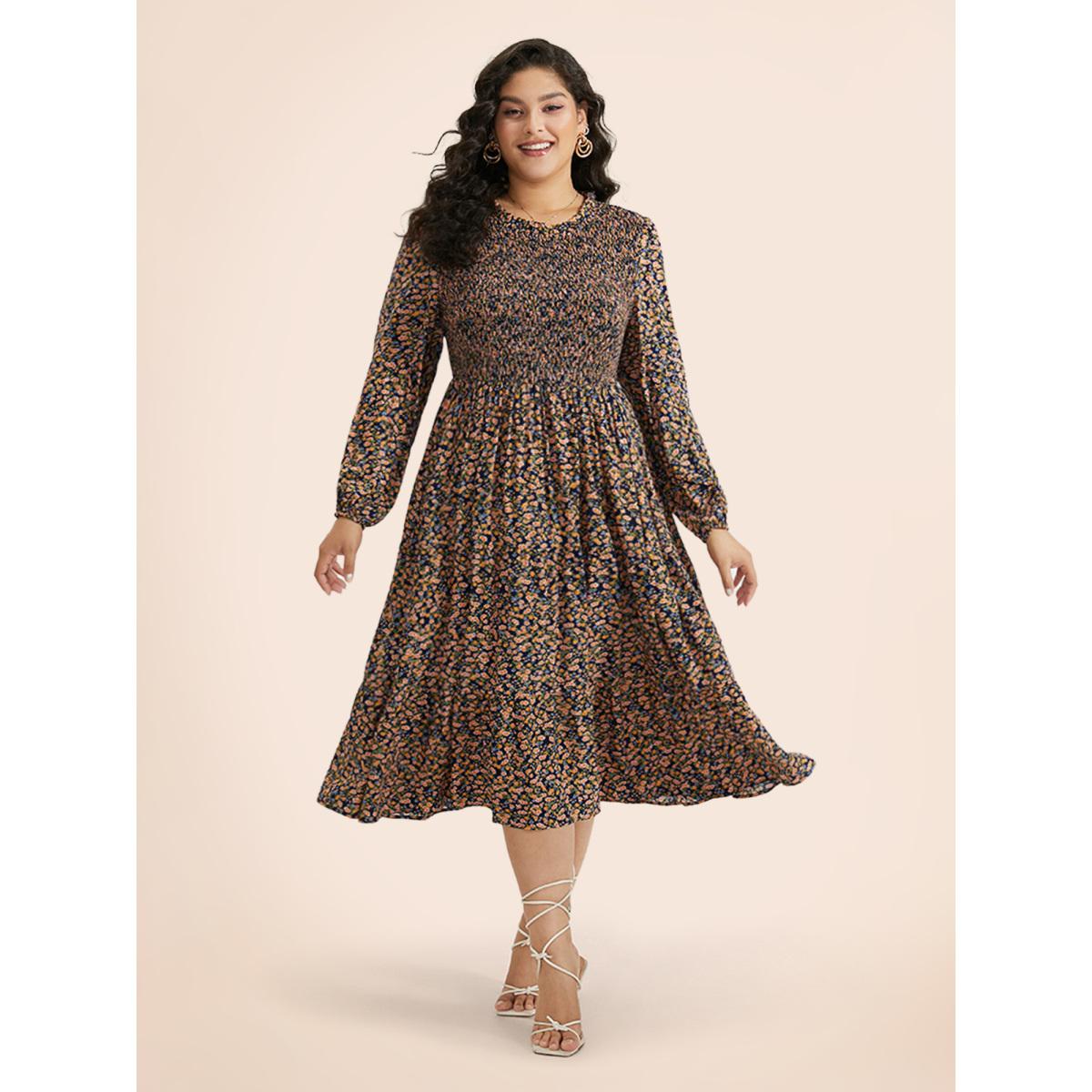 Plus Size Ditsy Floral Shirred Pocket Pleated Frill Trim Dress Indigo Women Leisure Elastic cuffs Round Neck Long Sleeve Curvy Midi Dress BloomChic 26/4X Product Image