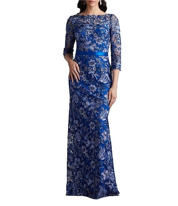 Tadashi Shoji Illusion 3/4 Sleeve Two Tone Embroidered Lace A-Line Gown Product Image