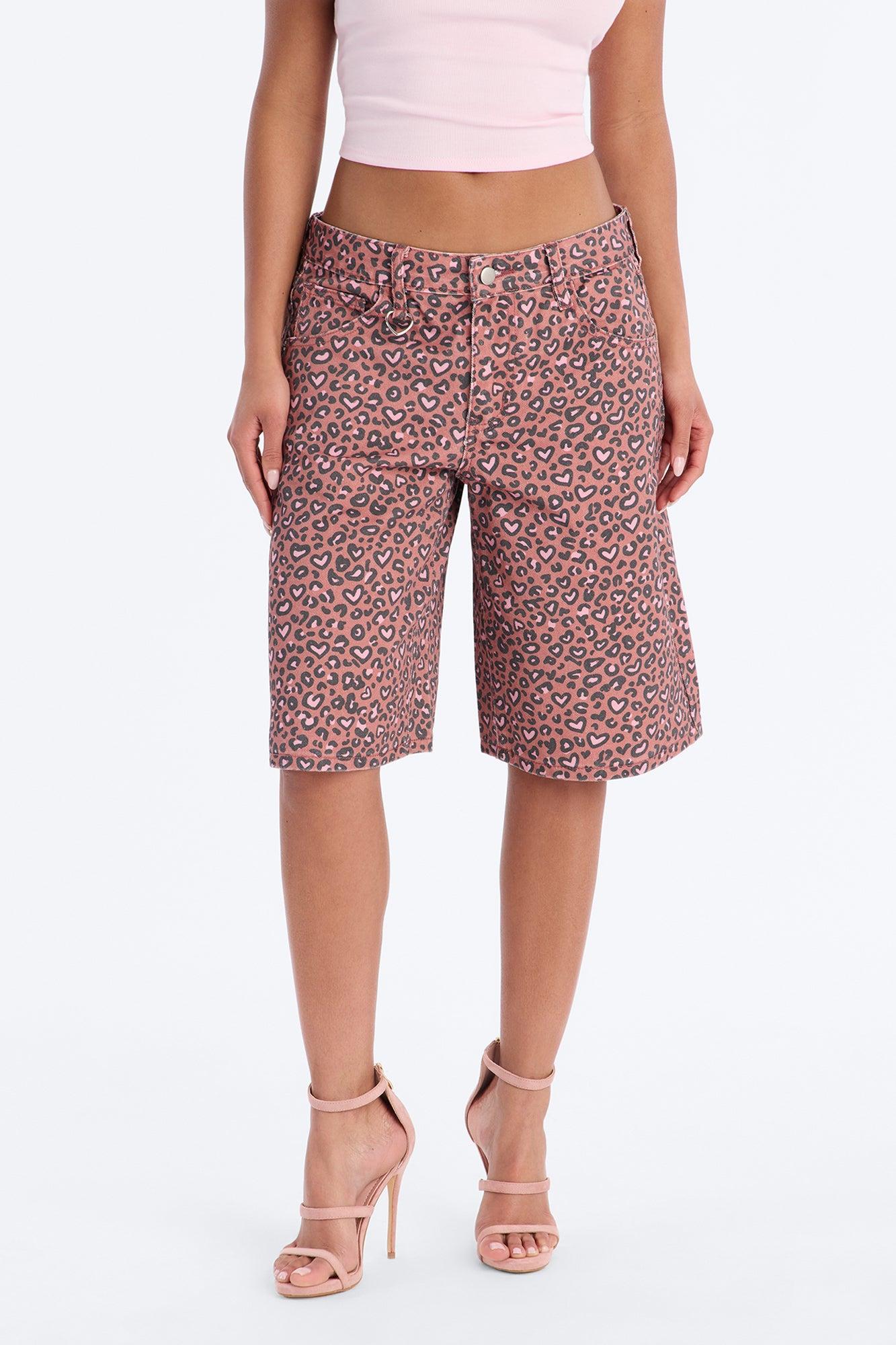 Wild At Heart Cheetah Print Denim Jorts - Pink/combo Female Product Image