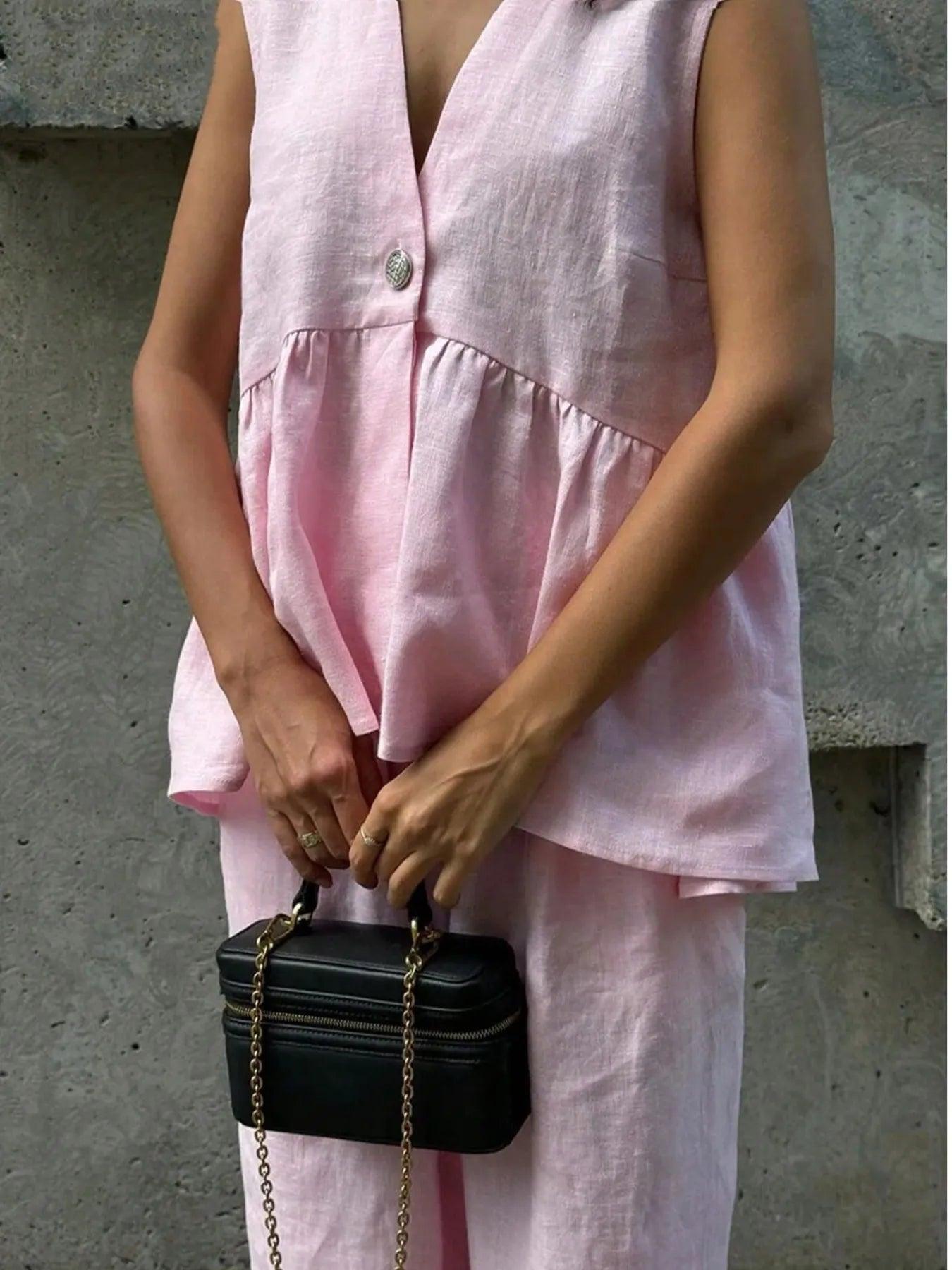 Button Down Peplum Vest and Pants Set Product Image