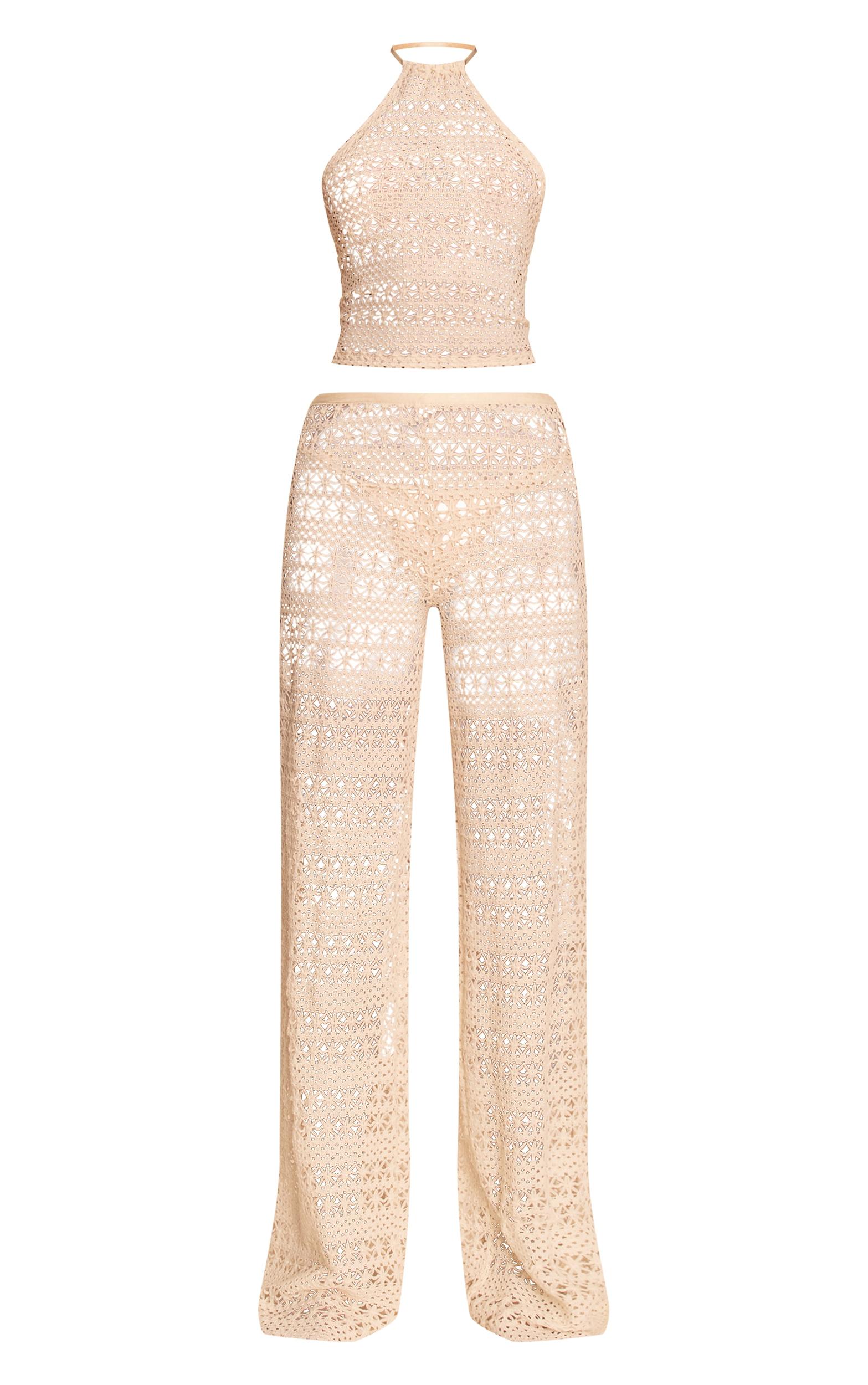 Cream Crochet Wide Leg Pant Beach Set Product Image