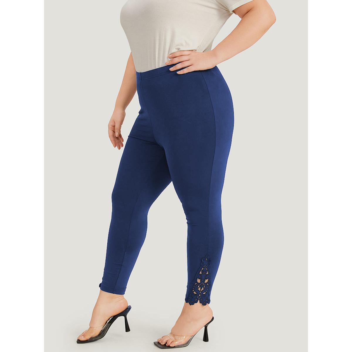 Plus Size Plain Lace Panel Skinny Elastic Waist Leggings Women Black Elegant High stretch Skinny High Rise Dailywear Leggings BloomChic 26/4X Product Image