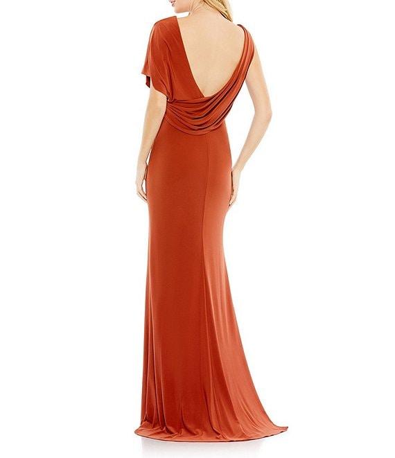 Mac Duggal V-Neck One Shoulder Sleeve Asymmetrical Scoop Back Front Slit Gown Product Image