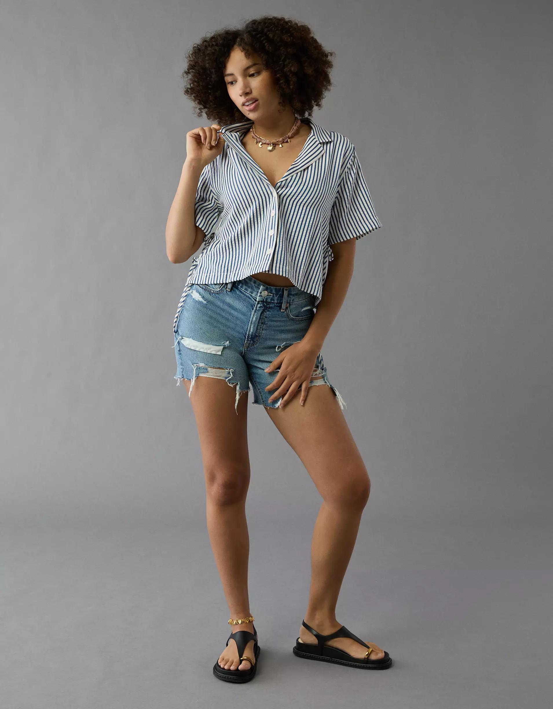 AE Short-Sleeve Tie Side Seersucker Button-Up Shirt Product Image