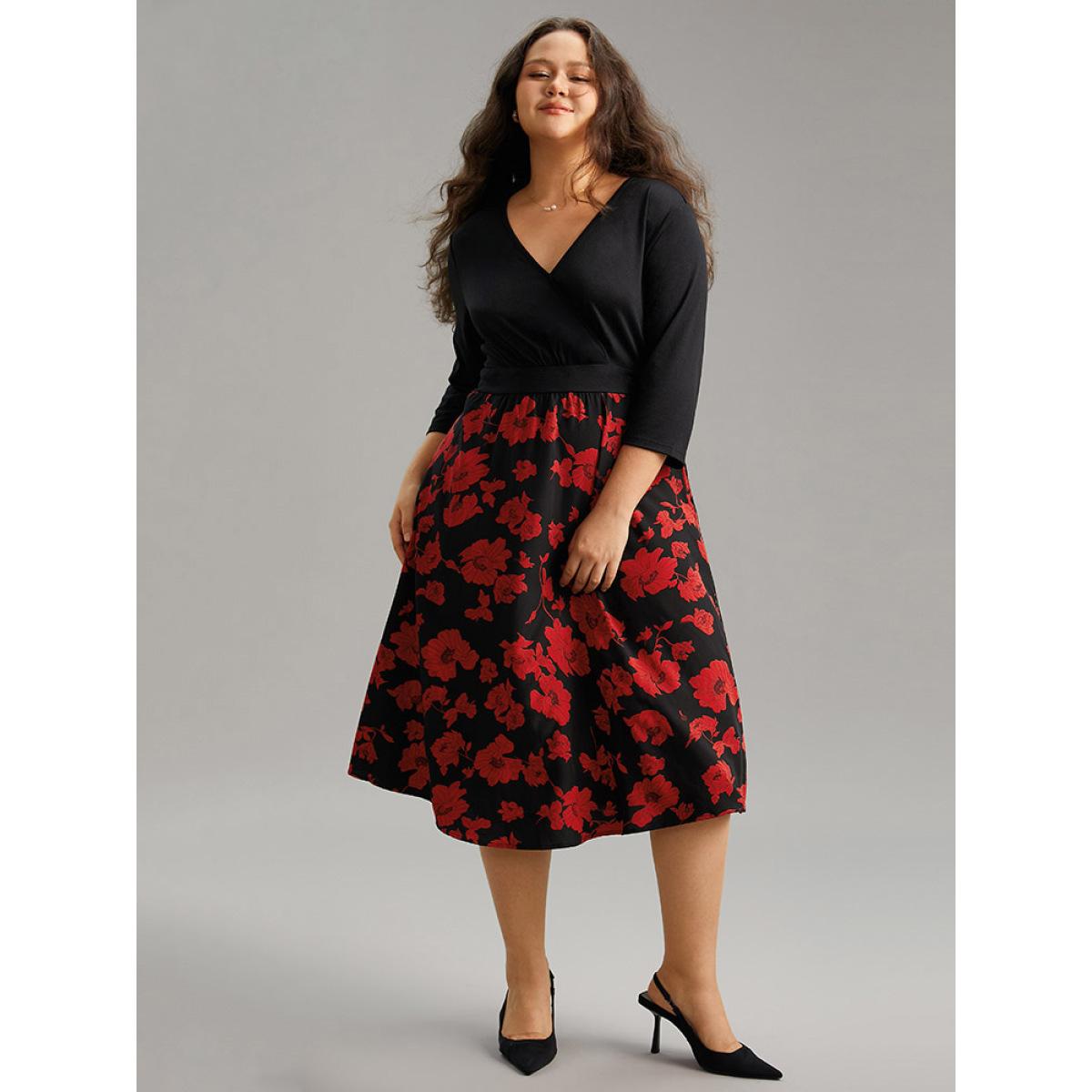 Plus Size Silhouette Floral Print Patchwork Surplice Neck Dress Black Women Elegant Wrap Overlap Collar Elbow-length sleeve Curvy Midi Dress BloomChic 26/4X Product Image