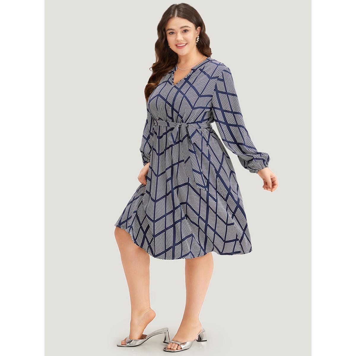 Plus Size Polka Dot Geometric Belted Lantern Sleeve Dress Black Women Office Elastic cuffs Notched collar Long Sleeve Curvy Midi Dress BloomChic 10/M Product Image