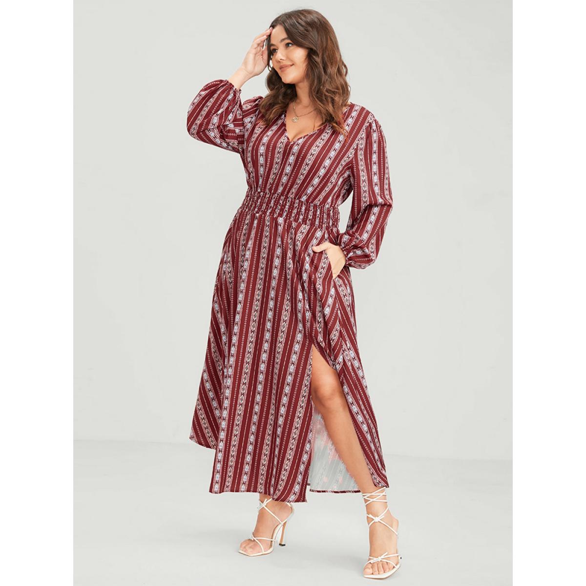 Plus Size Striped Geometric Pocket Lantern Sleeve Shirred Split Dress Red Women Elegant V-neck Long Sleeve Curvy Long Dress BloomChic 26/4X Product Image
