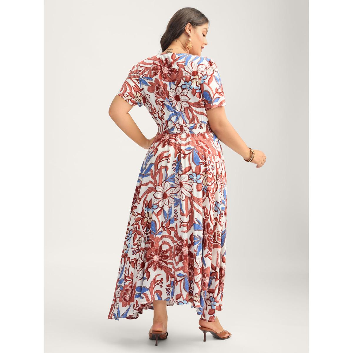 Plus Size Large Floral Print Button Placket Midi Dress Multicolor Women V-neck Short sleeve Curvy BloomChic 10/M Product Image