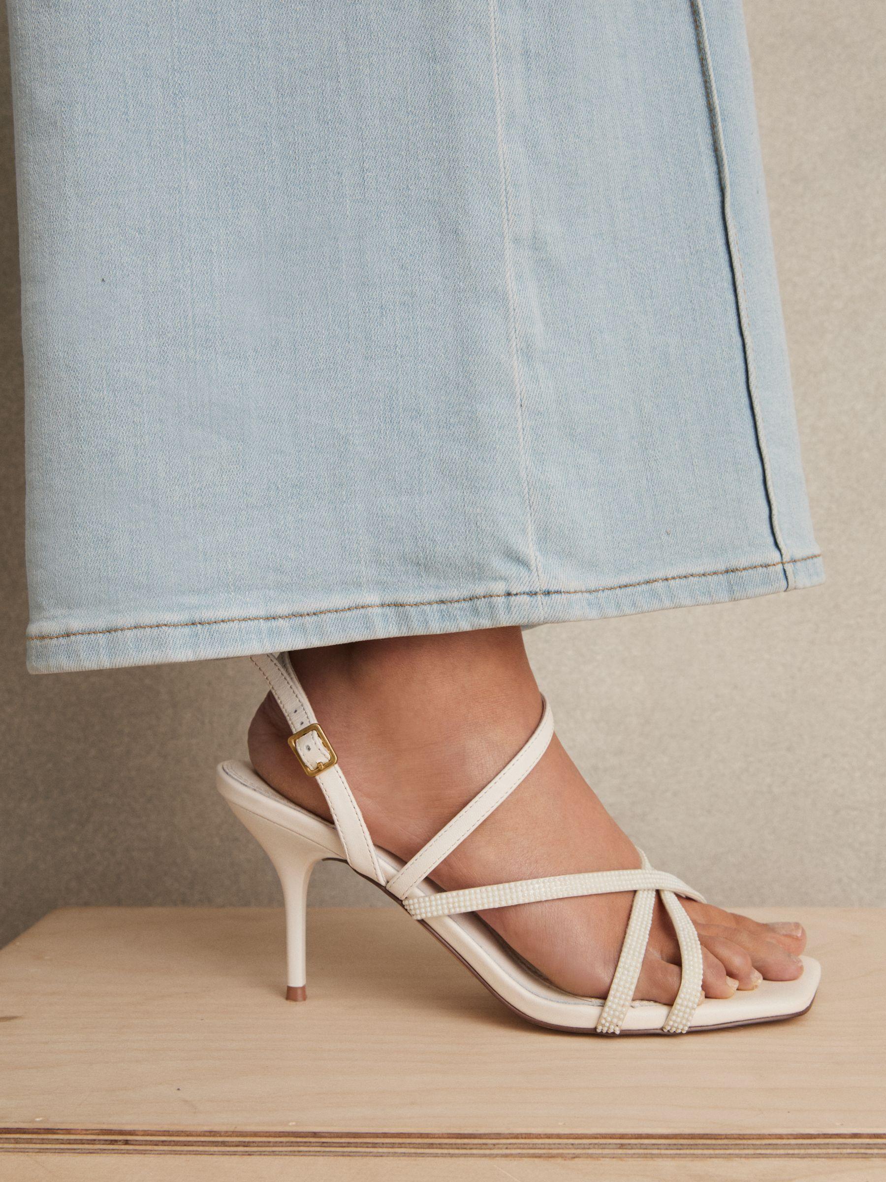 Leather Beaded-Strap Stiletto Sandals in White Product Image