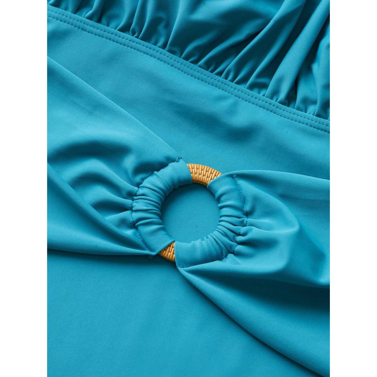 Plus Size Solid Buckle Detail Gathered One Piece Swimsuit Women's Swimwear Teal Beach Non Curve Bathing Suits High stretch One Pieces BloomChic 14-16/1X Product Image