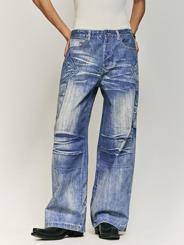Heavyweight Jeans With Texture Splicing Prints Product Image