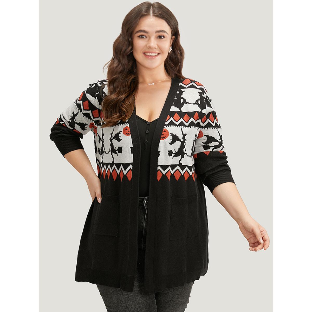 Plus Size Halloween Geo & Witch Print Open Front Cardigan Black Women Casual Loose Long Sleeve Festival-Halloween Cardigans BloomChic 14-16/1X Product Image