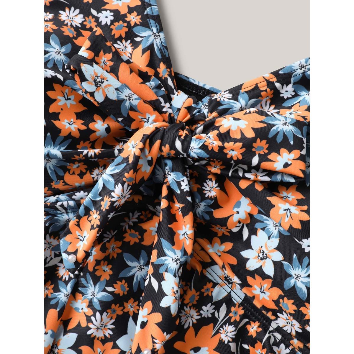 Plus Size Floral Print Ruched Bow Tie One-Piece Swimsuit Women's Swimwear Black Resort Tie knot Curve Bathing Suits High stretch One Pieces BloomChic 30/6X Product Image