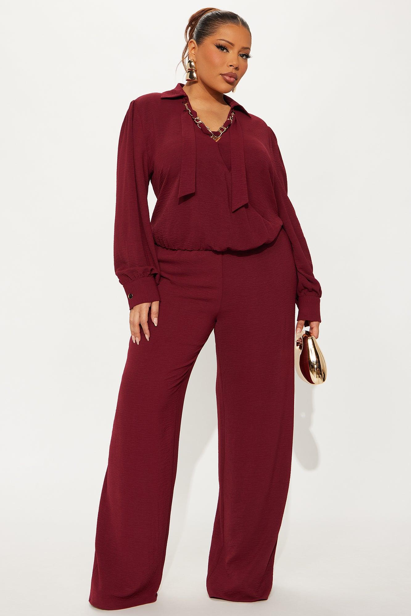 Sleek Statement Long Sleeve Pant Set - Wine Female Product Image
