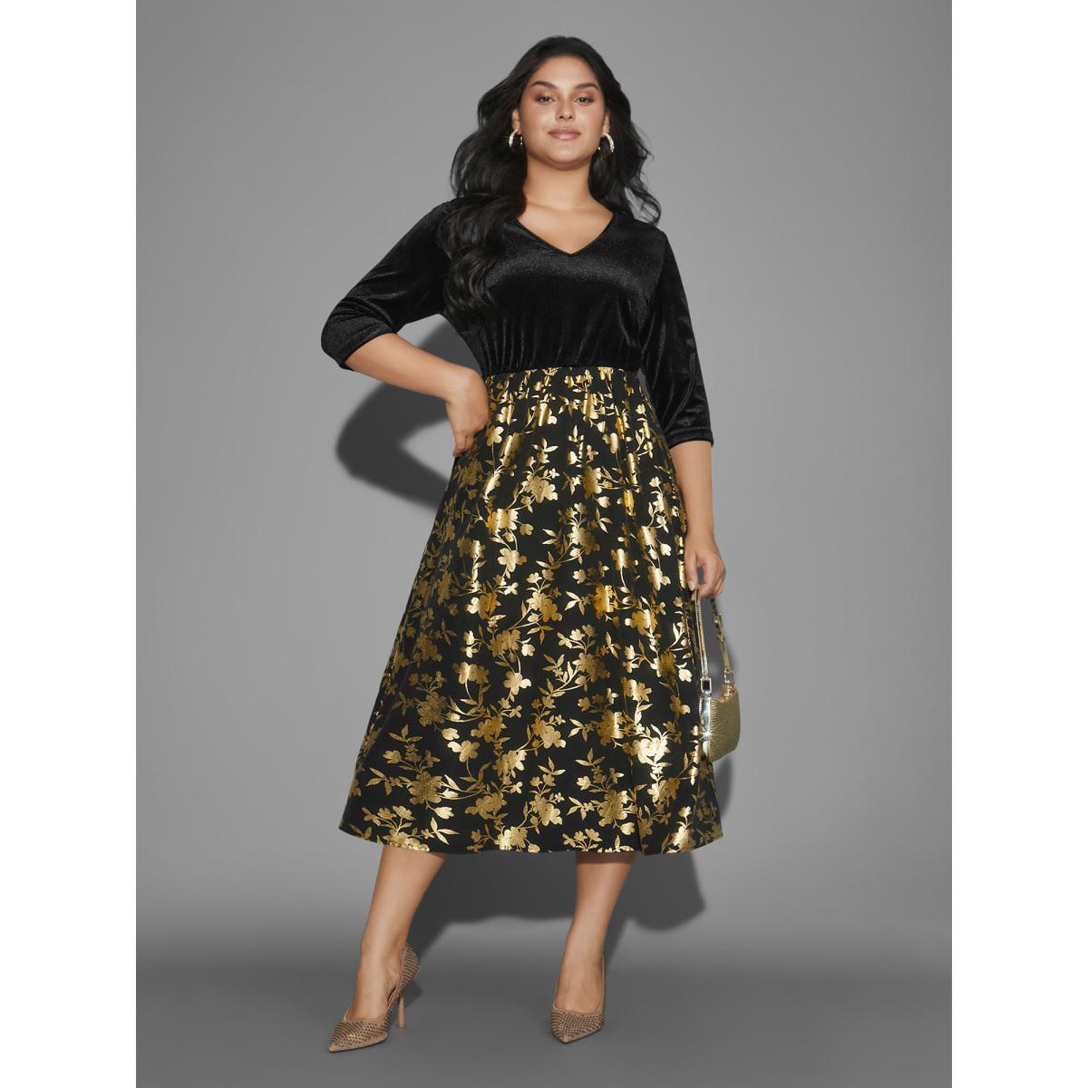 Plus Size Glitter Floral Patchwork Velvet Midi Dress Black Women Cocktail Texture Party Curvy Bloomchic 14-16/1X Product Image