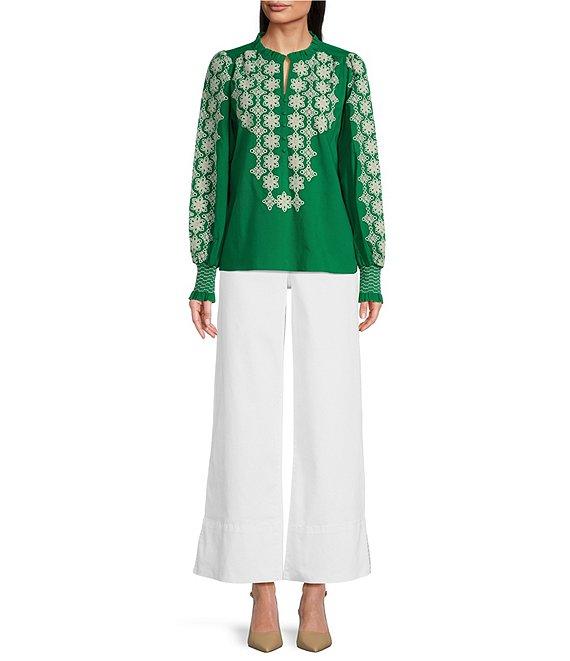 Gibson & Latimer Woven Embroidered Floral Ruffled Slit Round Button Front Neck Long Blouson Sleeve Hi-Low Shirttail Blouse Product Image