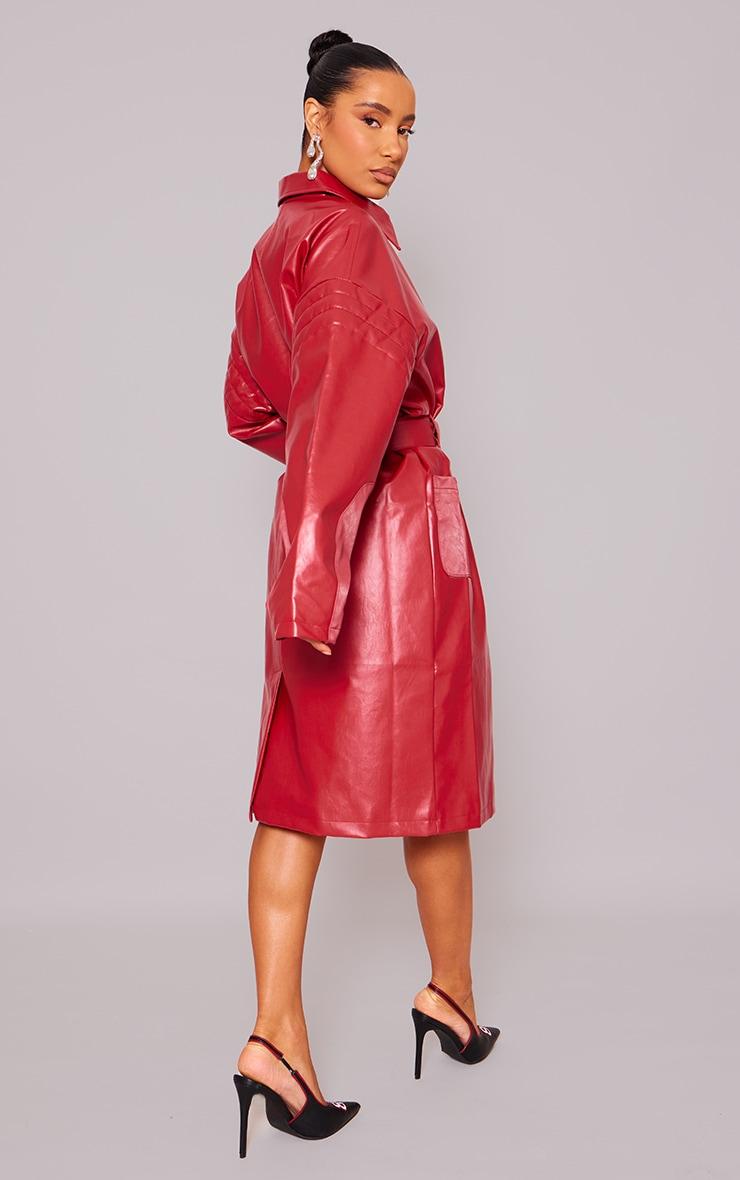 Cherry Red Faux Leather Contrast Panel Belted Coat Product Image