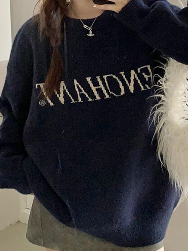 Simple Letter Jacquard Pullover Knit Sweater Product Image