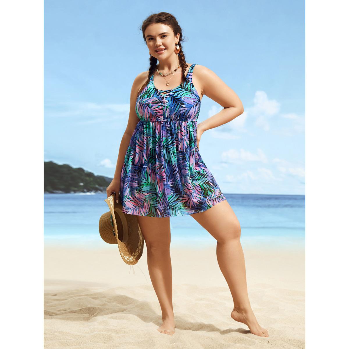 Plus Size Tropical Print Crisscross Split Hem Swim Dress Women's Swimwear Multicolor Beach Bodycon Heart neckline High stretch Curve Swim Dresses BloomChic 18-20/2X Product Image