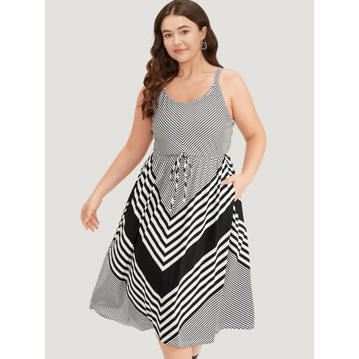 Plus Size Striped Patchwork Pocket Ties Flutter Hem Cami Dress Black Women Casual Adjustable Straps Spaghetti Strap Sleeveless Curvy Midi Dress BloomChic 18-20/2X Product Image