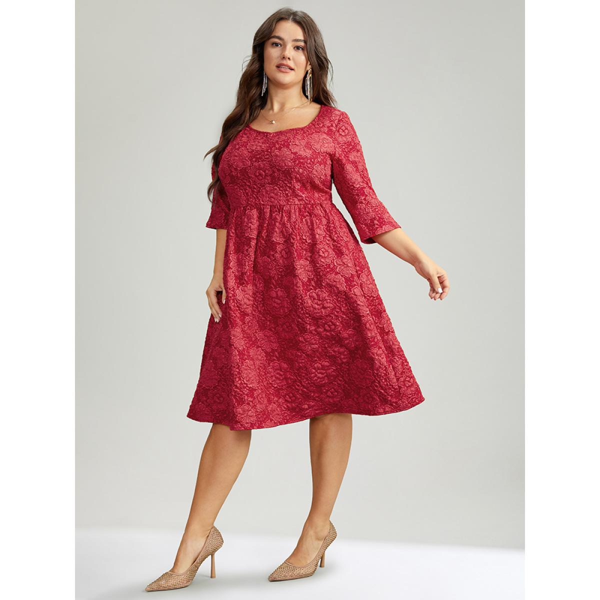 Plus Size Plain Textured Square Neck Pocket Dress Raspberry Women Party Texture Square Neck Elbow-length sleeve Curvy Knee Dress BloomChic 12/L Product Image