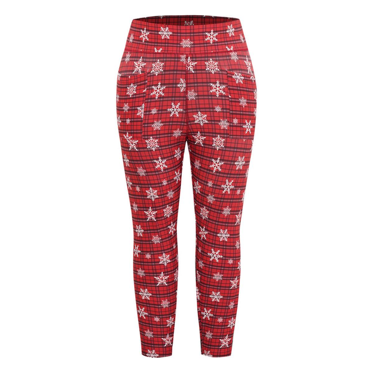 Plus Size Plaid & Snow Print Pocket Skinny Ankle Leggings Women Scarlet Casual Medium stretch Skinny High Rise Festival-Christmas Leggings BloomChic 18-20/2X Product Image