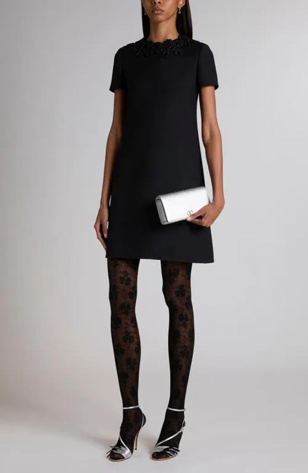 VALENTINO Embellished Silk-trimmed Wool And Silk-blend Crepe Mini Dress In Black Product Image