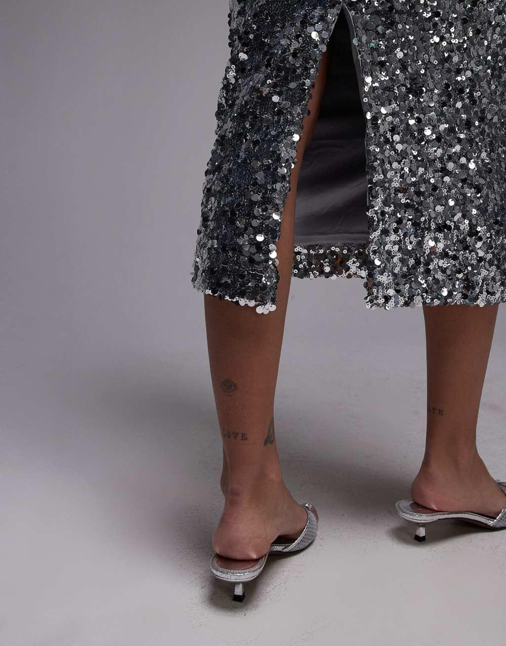 Mango mixed sequin midi skirt in silver Product Image