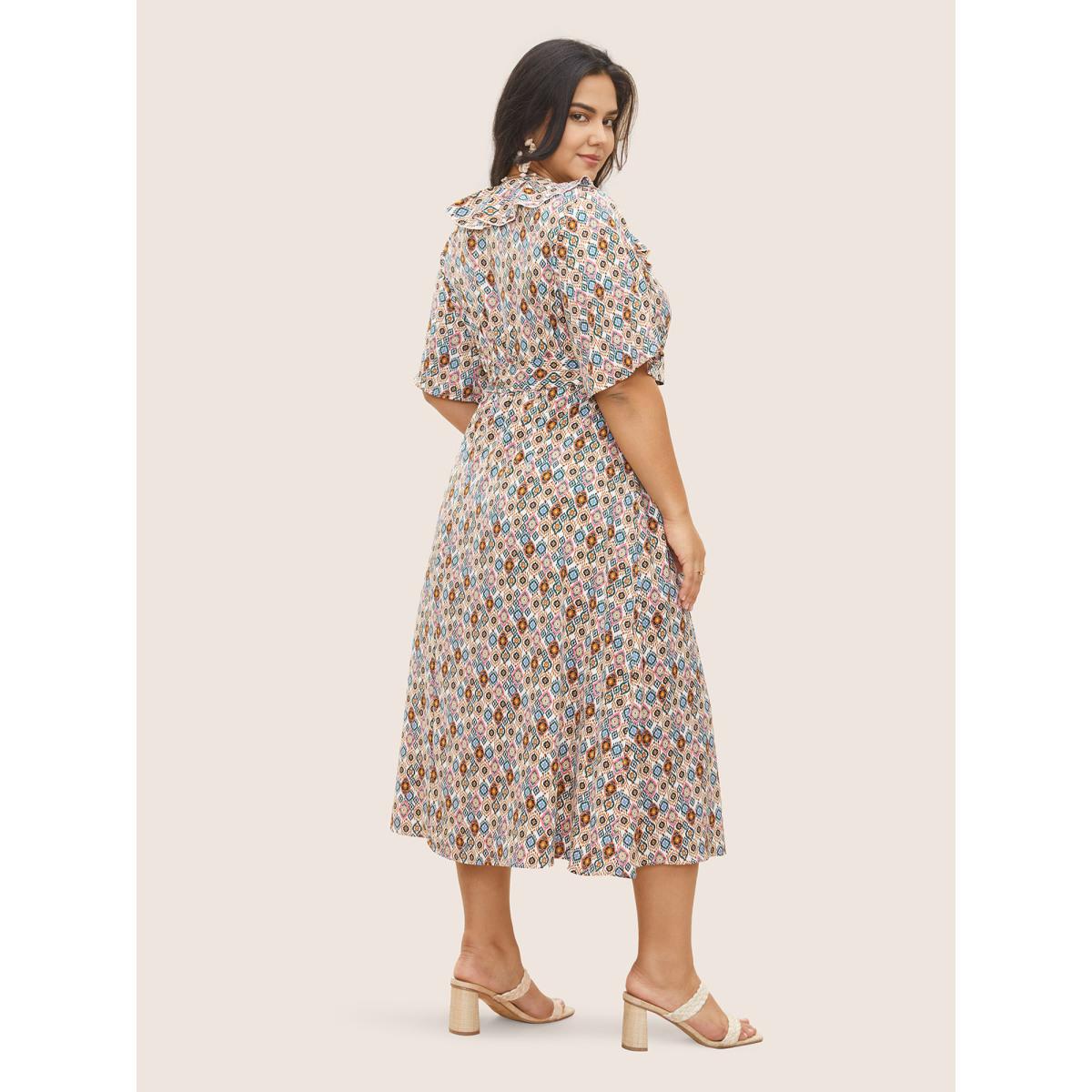 Plus Size Bandana Geometric Ruffle Trim Belted Dress DarkGreen Women Resort Non V-neck Half Sleeve Curvy Midi Dress BloomChic 10/M Product Image