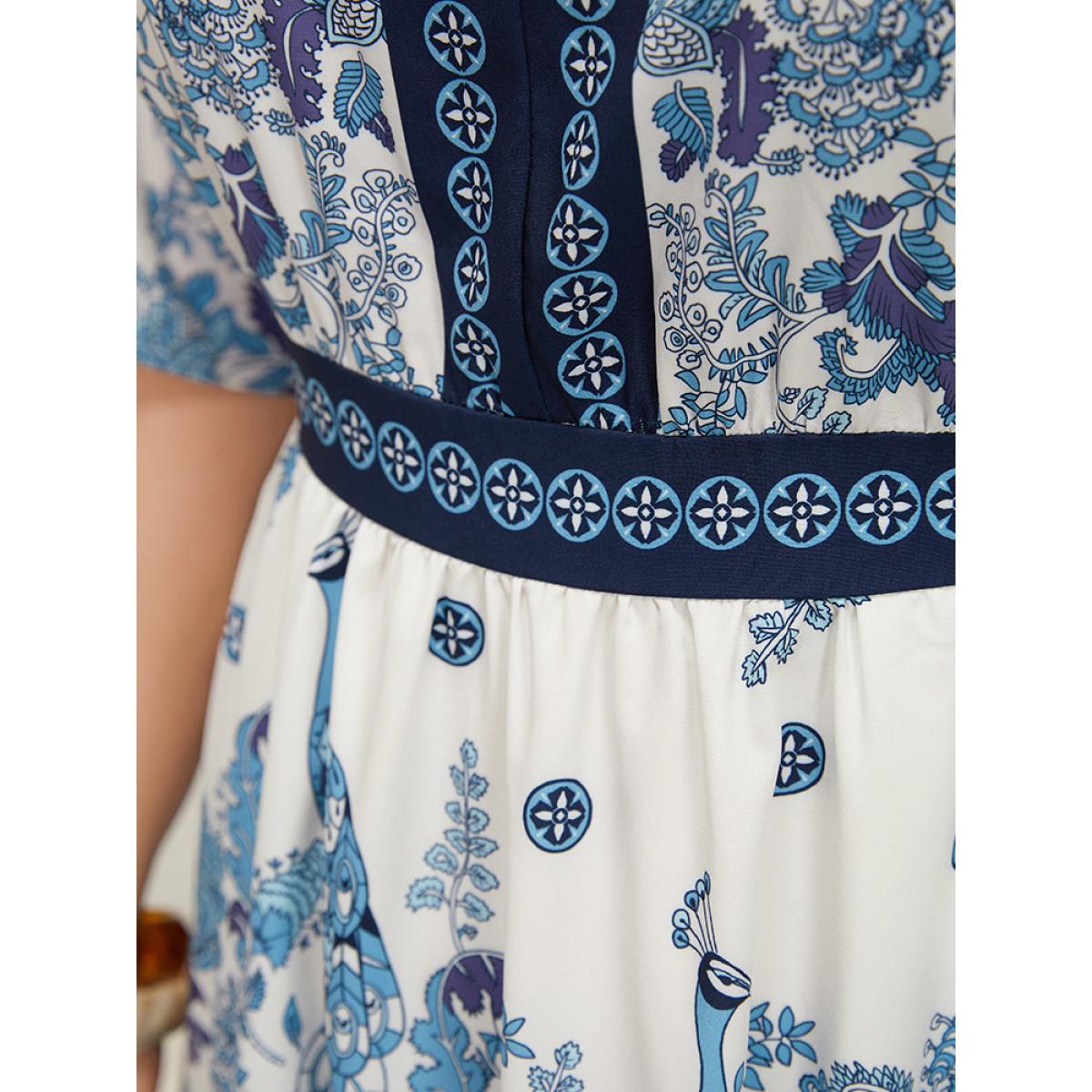 Plus Size Bandana Print Ruffles Pocket Batwing Sleeve Dress Indigo Women Vacation Lined V-neck Half Sleeve Curvy Midi Dress BloomChic 12/L Product Image