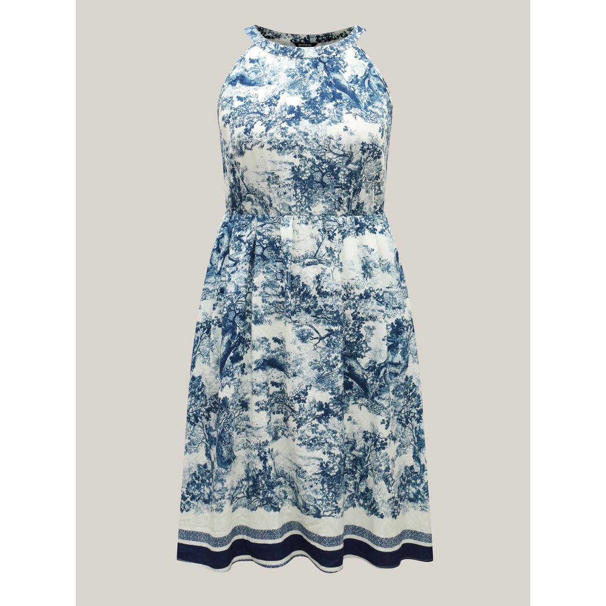 Plus Size Artistic Print Halter Neck Midi Dress Mediumblue Women Round Neck Sleeveless Curvy BloomChic 12/L Product Image