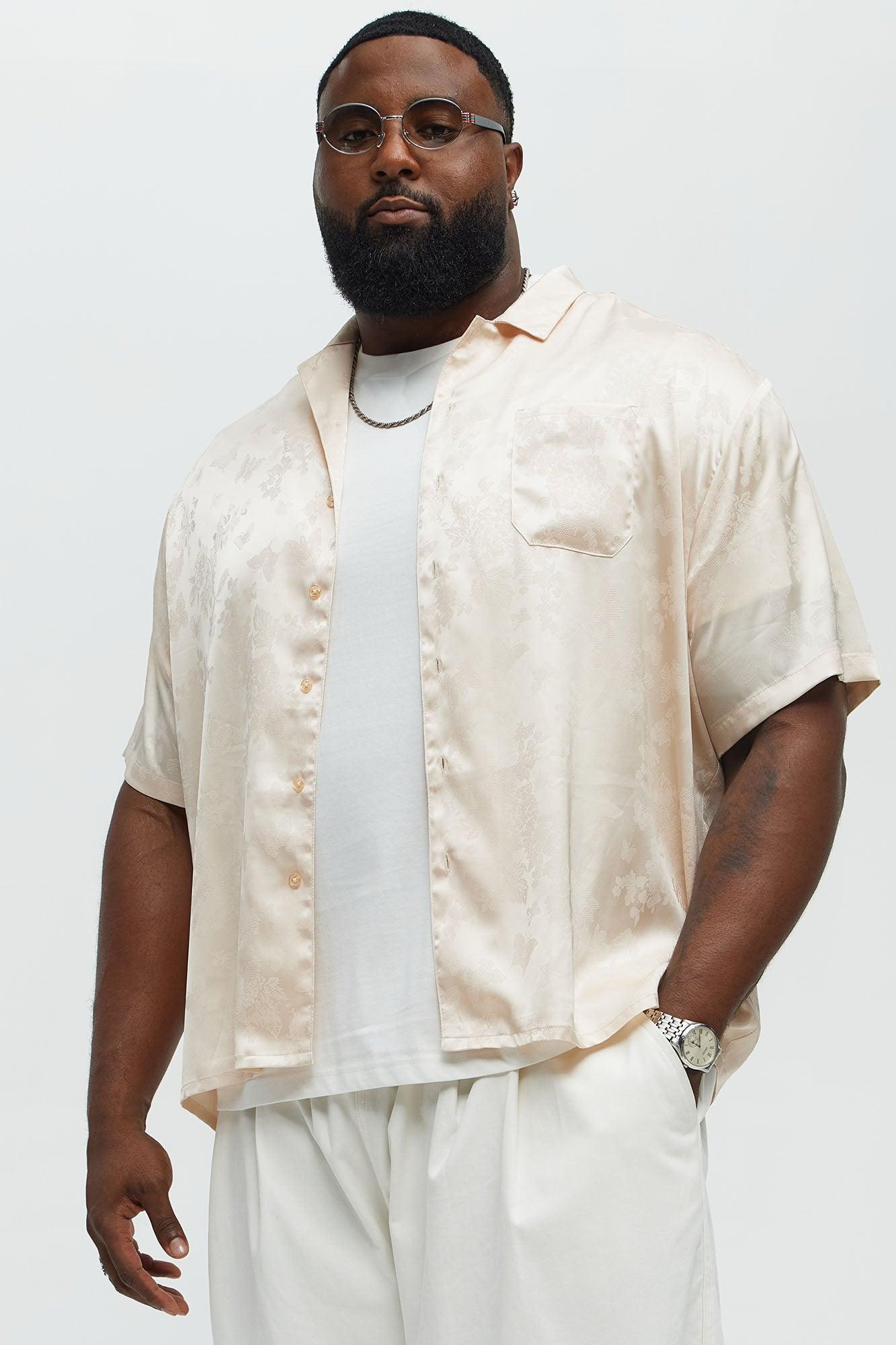 Satin Butterflies Short Sleeve Button Up Shirt - Ivory Male Product Image