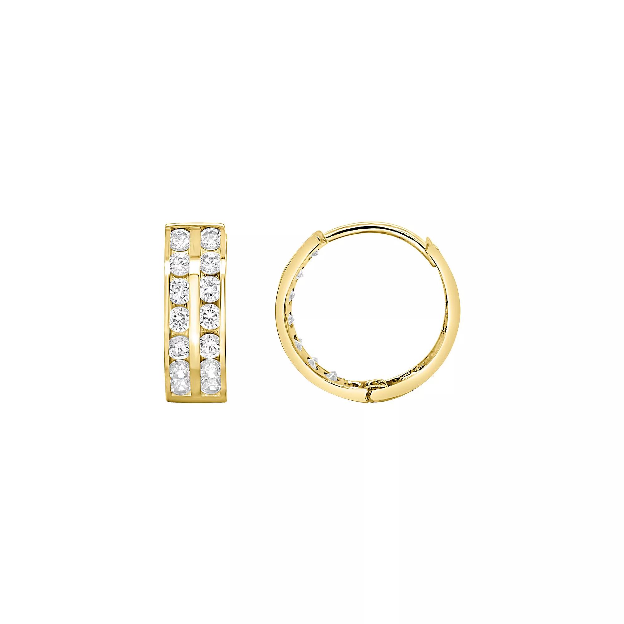 14k Gold Double Row Cubic Zirconia Huggie Hoop Earrings, Women's, Yellow Product Image