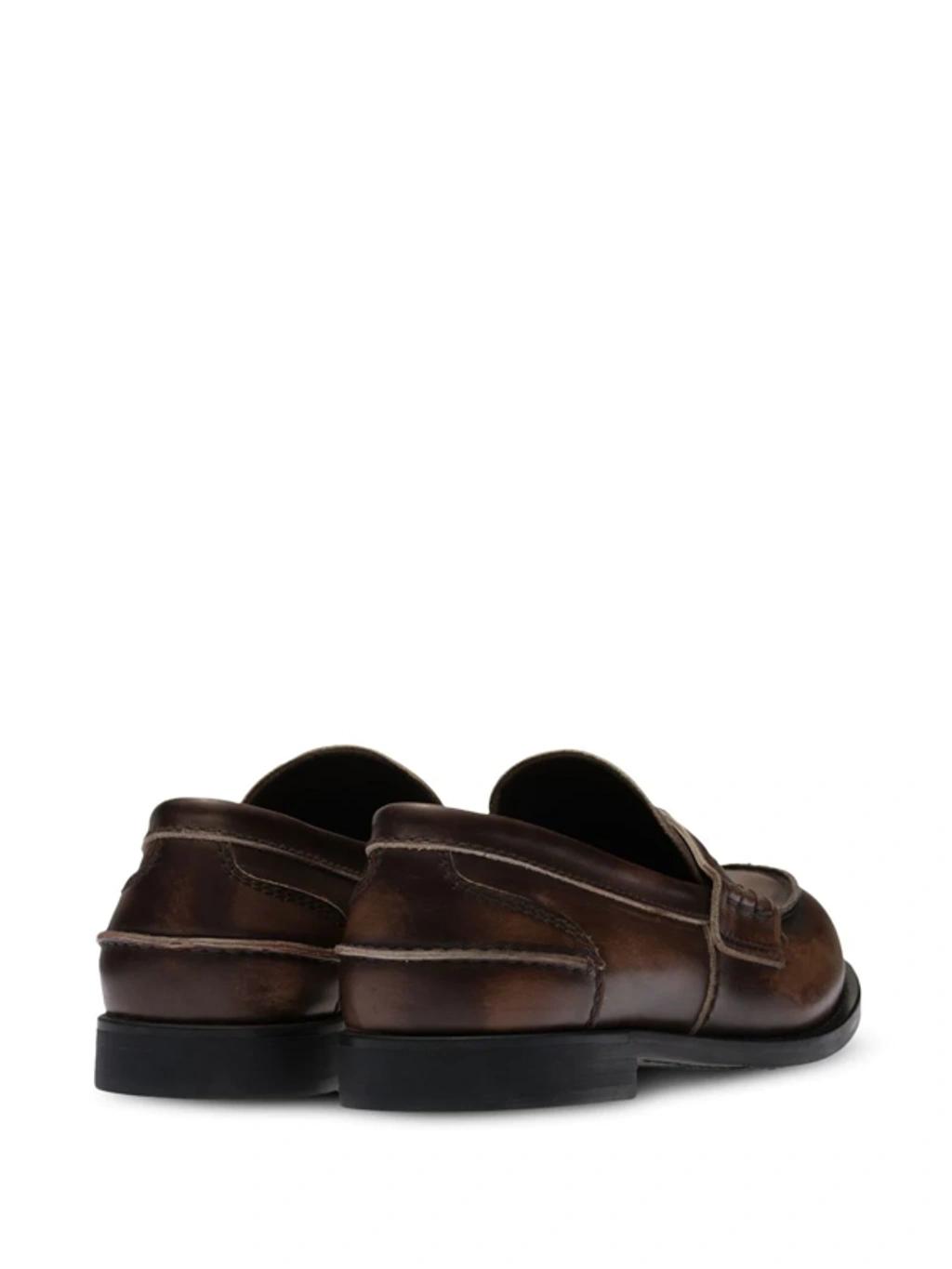 MIU MIU Leather Distressed Penny Loafers In Brown Product Image