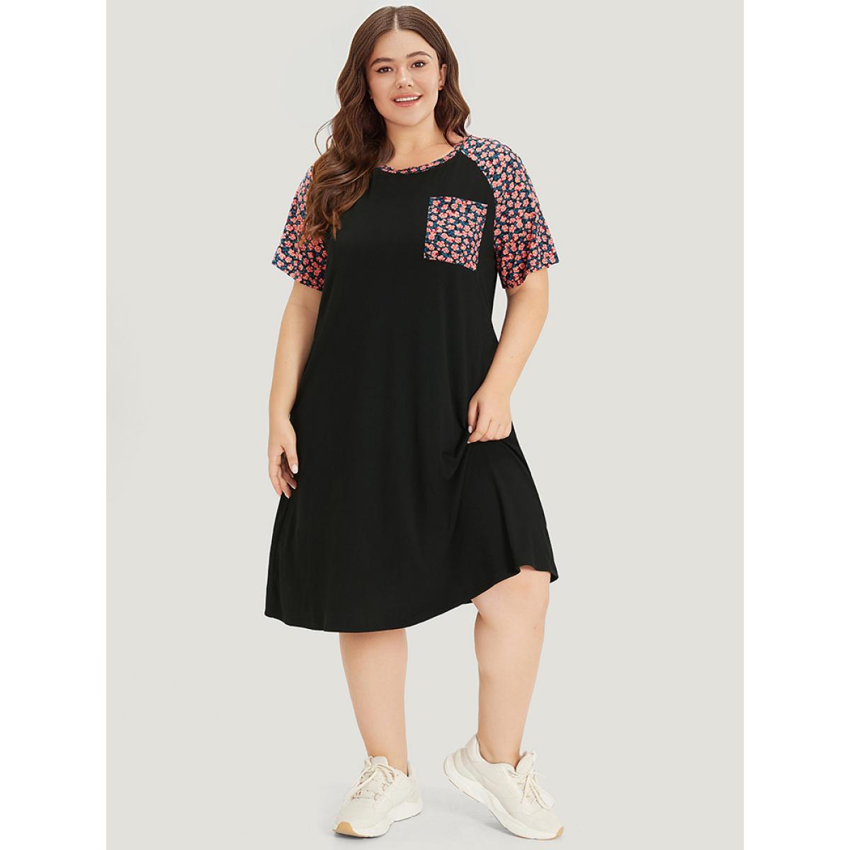 Plus Size Supersoft Essentials Ditsy Floral Raglan Sleeve Patched Pocket Dress Black Women Casual Plain Round Neck Short sleeve Curvy Midi Dress BloomChic 14-16/1X Product Image
