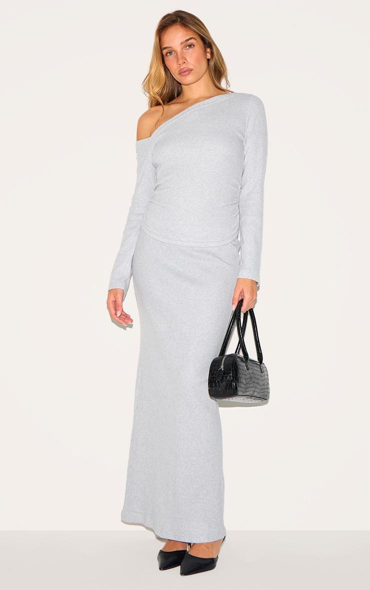 Grey Marl Rib Slouchy Asymmetric Ruched Long Sleeve Top Product Image