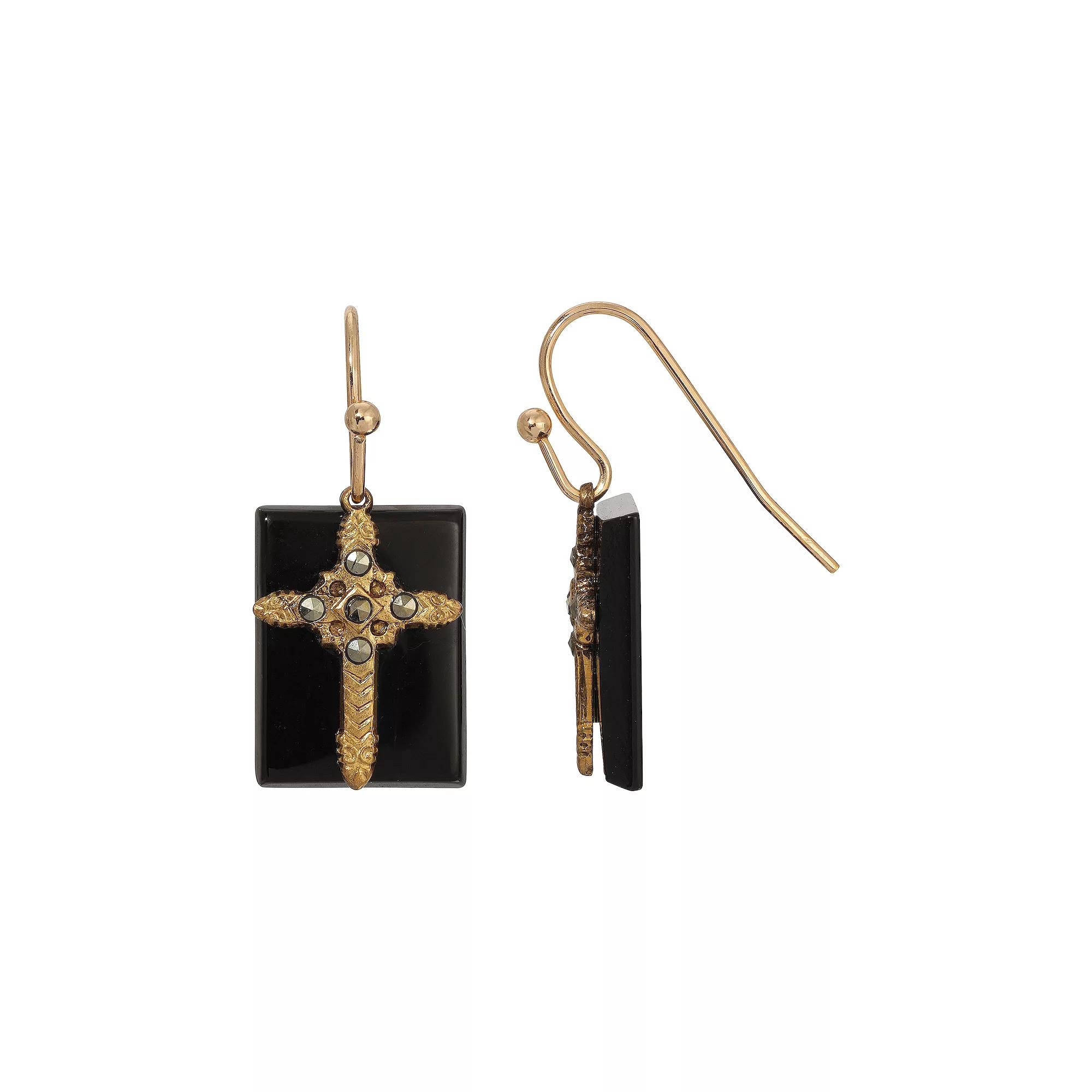 Symbols of Faith Gold Tone Semi-Precious Cross Drop Earrings, Womens, Black Product Image