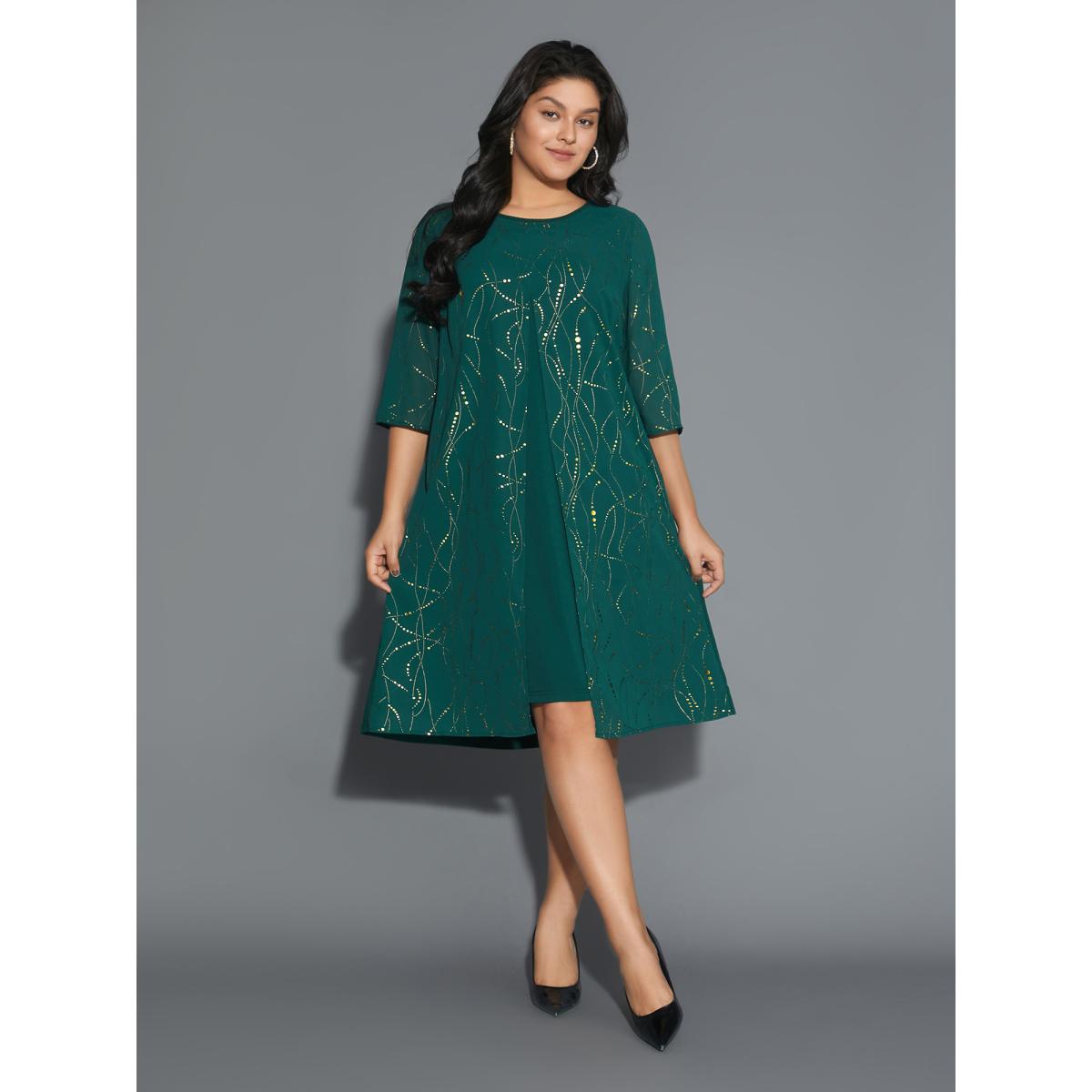 Plus Size Glitter 2-In-1 Layered Dress DarkGreen Women Cocktail Overlapping Party Curvy Bloomchic 26/4X Product Image