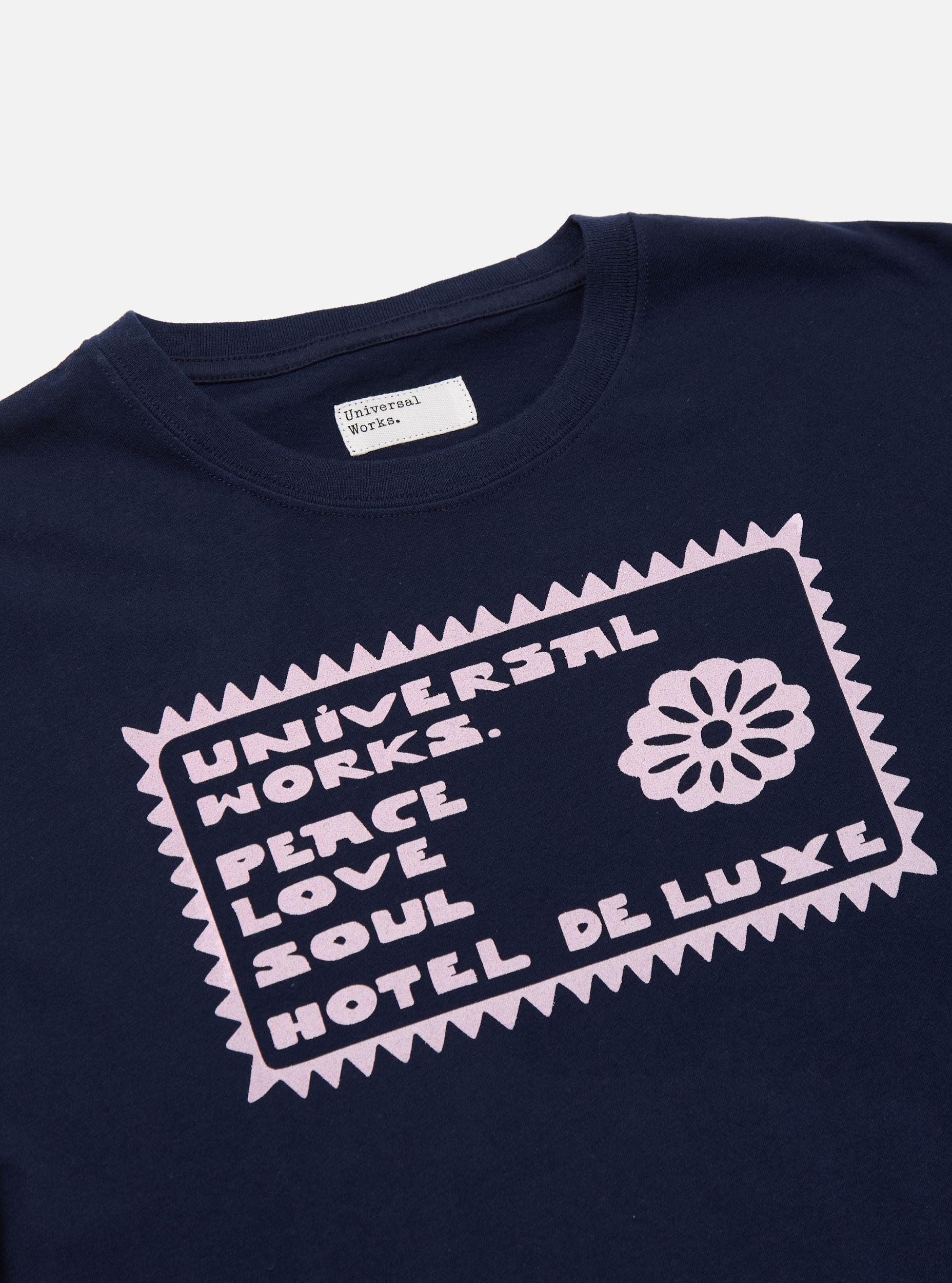 Universal Works Print Tee in Navy/Pink Single Jersey Pickup Product Image