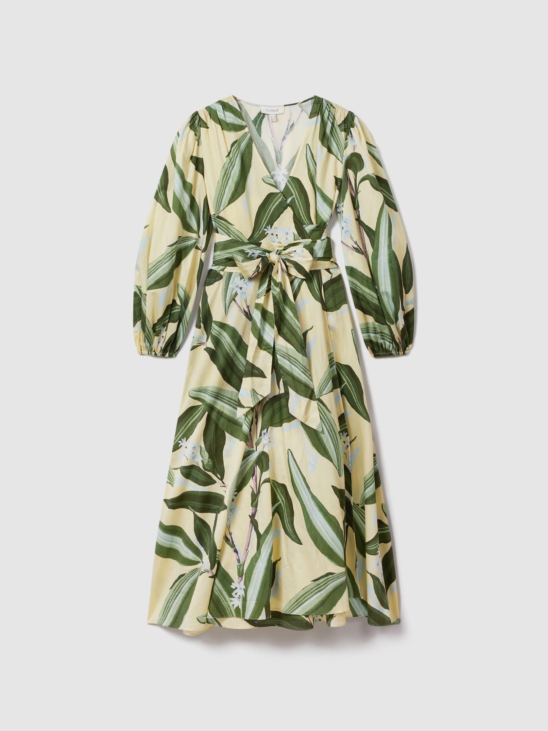 Florere Printed Wrap Midi Dress in Pale Yellow Product Image